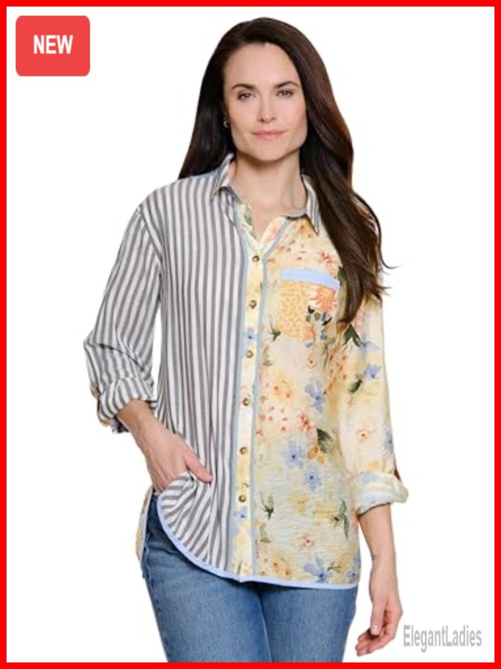 Woven Mix Print Long Sleeve Roll Tab Button Down Blouse